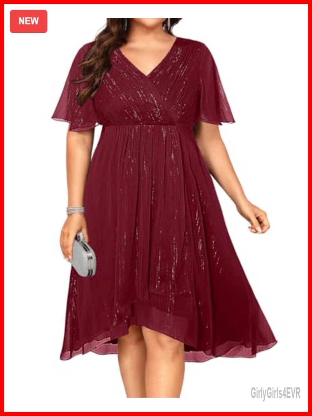 Plus Size Formal Midi Dress Long Sleeve V Neck A Line Chiffon